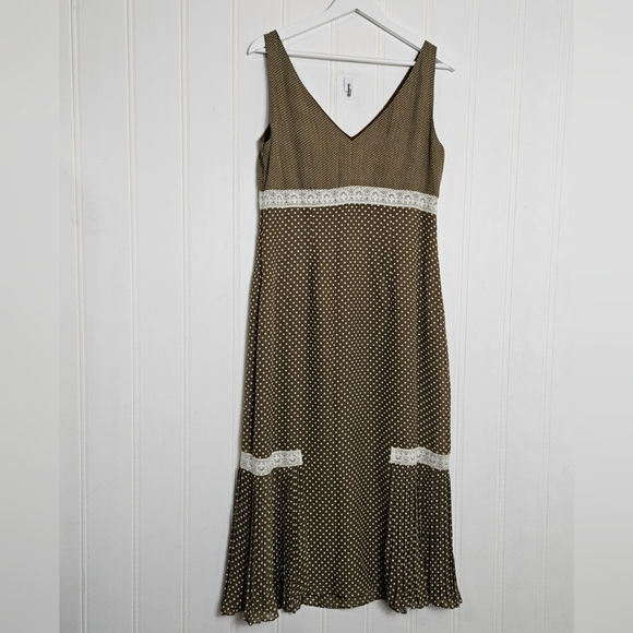 Signature by Robbie Bee Midi Dress Womens Sz 10 Brown Polka Dot Lace Trim - Picture 9 of 15